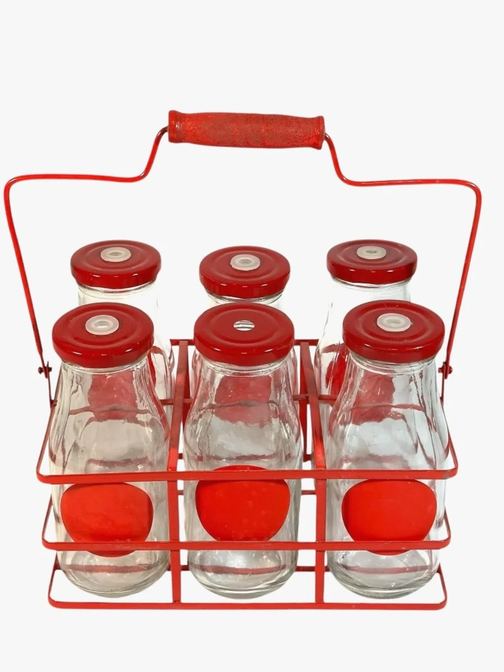 Set 6 Glass Bottles in Red Metal Carrier w/ Holes for Straws, Farmhouse Chic